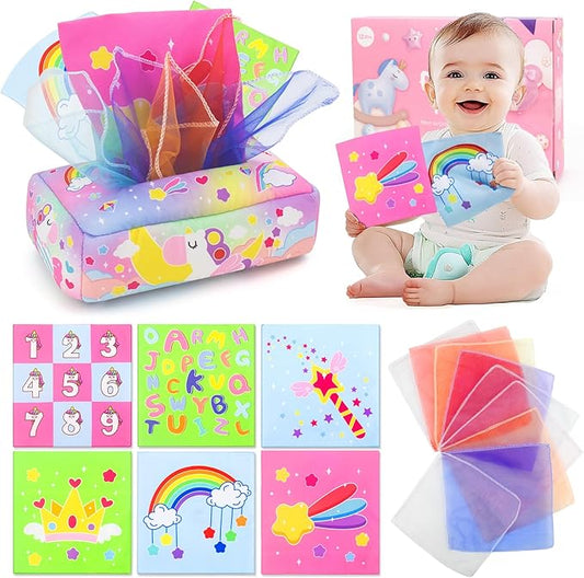 Baby Toys 6 to 12 Months - Tissue Box Toy, Tissue Learning Toys with Alphabet Number Color Sound, Baby Sensory Toy Gifts for 6 9 12 18 Months Old