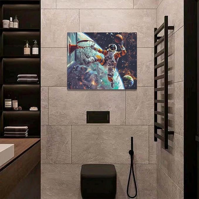 Quorin Astronaut Wall Art Funny Spaceman Basketball Pictures Space Galaxy Planet Wall Decor Canvas Print Painting Artwork for Bathroom Living Room Bedroom 16"x20"