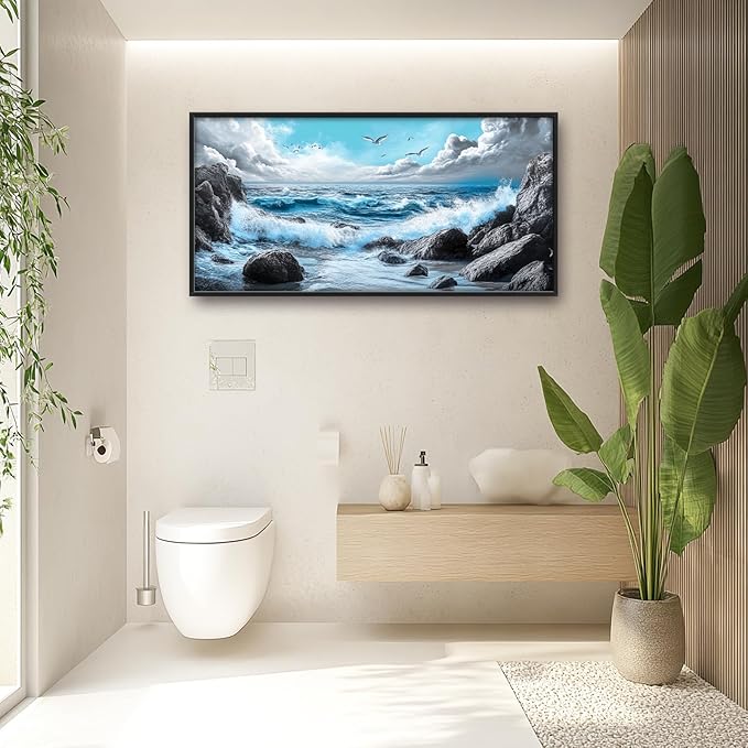 Extra Large Framed Abstract Sea Ocean Wall Art,Black and White Wall Decor, Coastal Seashore Pictures for Living Room,Canvas Print Painting Modern Artwork Bedroom Office Bathroom 60L x 30W