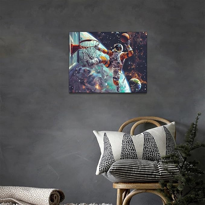 Quorin Astronaut Wall Art Funny Spaceman Basketball Pictures Space Galaxy Planet Wall Decor Canvas Print Painting Artwork for Bathroom Living Room Bedroom 12"x16"