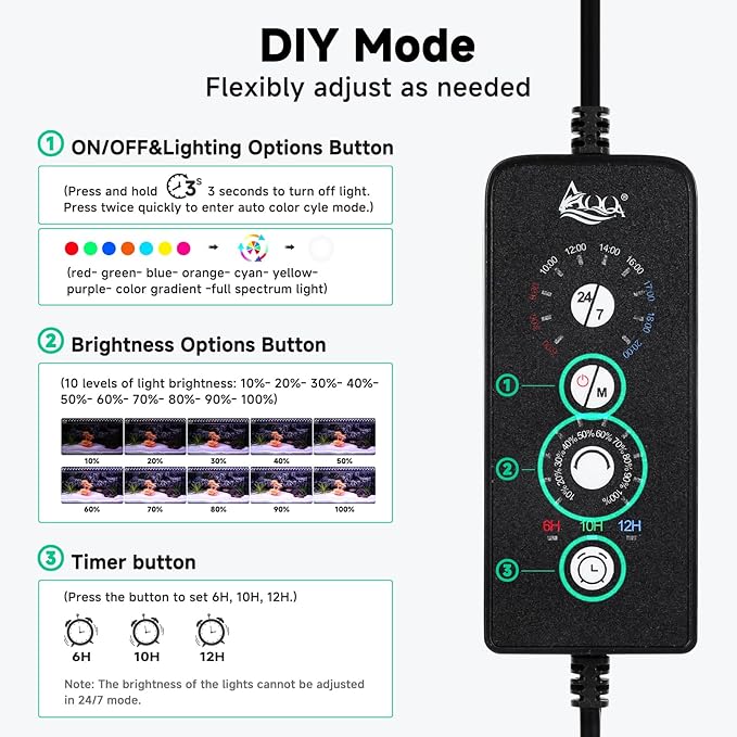 AQQA LED Aquarium Light, 24/7 Mode IP68 Waterproof Extendable Bracket Fish Tank Light, DIY Mode Full Spectrum Aquarium Plant Light, Adjustable Timer/Brightness Memory Function for 24-32 Inch Fish Tank