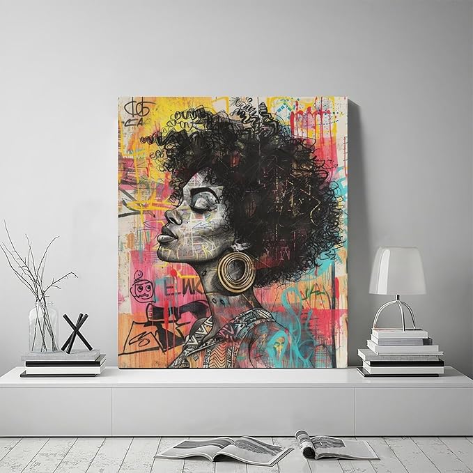 Quorin African American Wall Art Banksy Graffiti Black Woman Pictures Black Girl Wall Decor Canvas Print Painting Artwork for Bathroom Living Room Bedroom 20"x24"