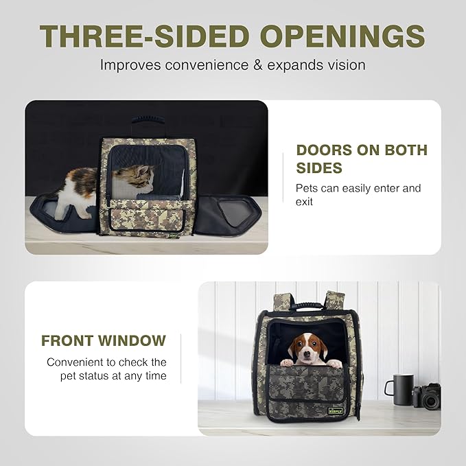 Collapsible Cat Backpack Carrier, Dog Backpack Carrier for Small Dogs Cats Up to 12 Lbs, Three-Sided Breathable Pet Backpack with Soft Padded, Designed for Outdoor and Travel Use, Camo