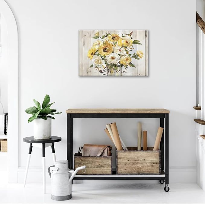 Sunflower Bathroom Pictures Wall Art, Simple Blessed Floral Bathroom Wall Decor, Flower Framed Painting Canvas Artwork for Bedroom Living Room Decorations 24"L x 16"W