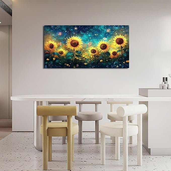 Quorin Sunflower Large Wall Art Starry Night Sky Pictures Sunflower Fields Wall Decor Canvas Print Painting Artwork for Bathroom Living Room Bedroom 30"x60"