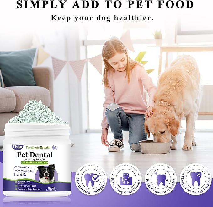 Dog Teeth Cleaning Powder, Pet Dental Powder -Dental Care, Dogs Breath Freshener with Probiotics for Tartar & Reduces Plaque & Bad Breath Teeth Cleaning for Small, Medium, Large Dogs 100g