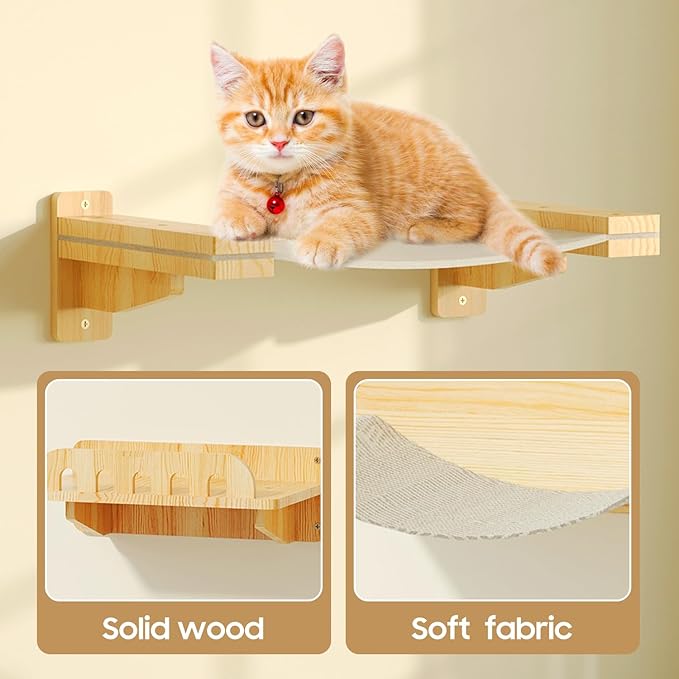Cat Wall Shelves, Set of 6 Wooden Cat Wall Furniture Includes Scratching Post with 3 Steps, Jumping Platform, Hammock and Scratcher Board for Kittens