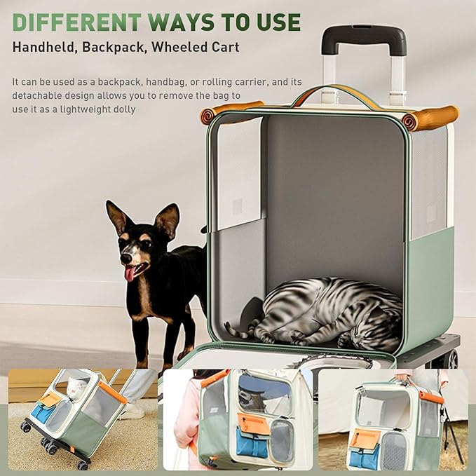 Cat Carrier with Wheels, Soft Rolling Pets Carrier Collapsible on Wheel Pet Handbag Cats Backpack, Dog Carriers up to 25 LBs Removable Cat Bag for Small Dogs Medium Cats Outing(NOT for TSA)