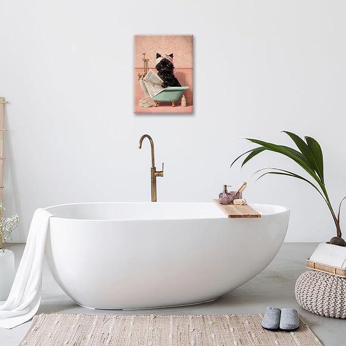 Cat Bathroom Wall Decor Black Cat Reading Newspaper in Bathtub Canvas Wall Art Funny Bathroom Pictures Kitten Painting Print Pink Artwork Framed Decorations Gifts 16"x20"