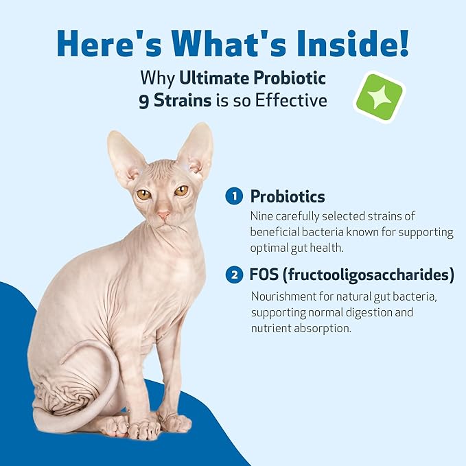 Pet Wellbeing Ultimate Probiotic 9 Strains with Prebiotics for Cats - Supports the Gut Microbiome and Digestion, Immune System Care, Urinary Tract Health, FOS, 2.5 billion CFU - 5.64 oz (160 g) Powder