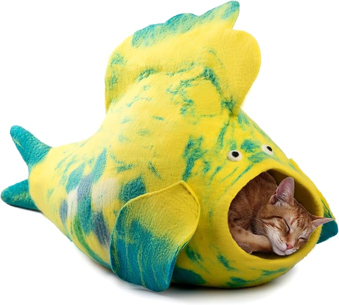 Luxurious Eco-Friendly Merino Wool Cat Cave Bed Fish Design - Foldable Hideaway Pod for Indoor Cats - Premium Felt Kitten Beds - Covered Cat House for Ultimate Cozy Comfort by Woolygon