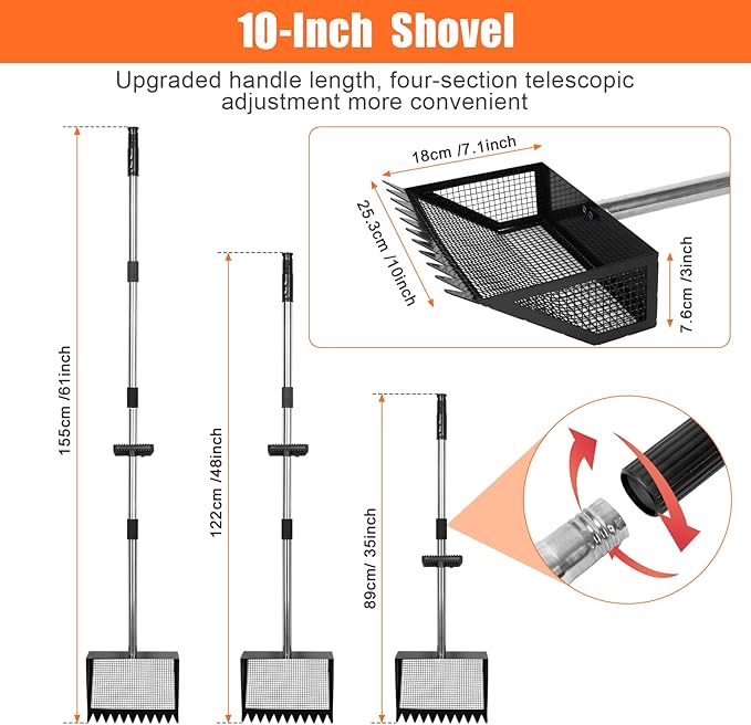 Chicken Poop Scooper and Rake with Ergonomic Handle, 2 in 1 Large Metal Chicken Coop Scoop for Poop with Adjustable Stainless Steel Pole, Sand Sifting Shovel for Chicken Coop Accessories