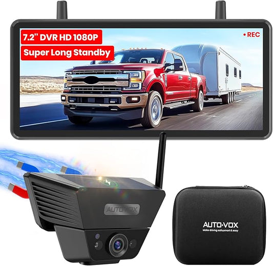 AUTO VOX Wireless Backup Camera Solar Magnetic: with 7.2" DVR 1080P 2 Split Recording Monitor, Dual Antenna Stable Signal,IP69K & 1-Min Install,HD IR Night Vision for Truck, Trailer, RV, Camper