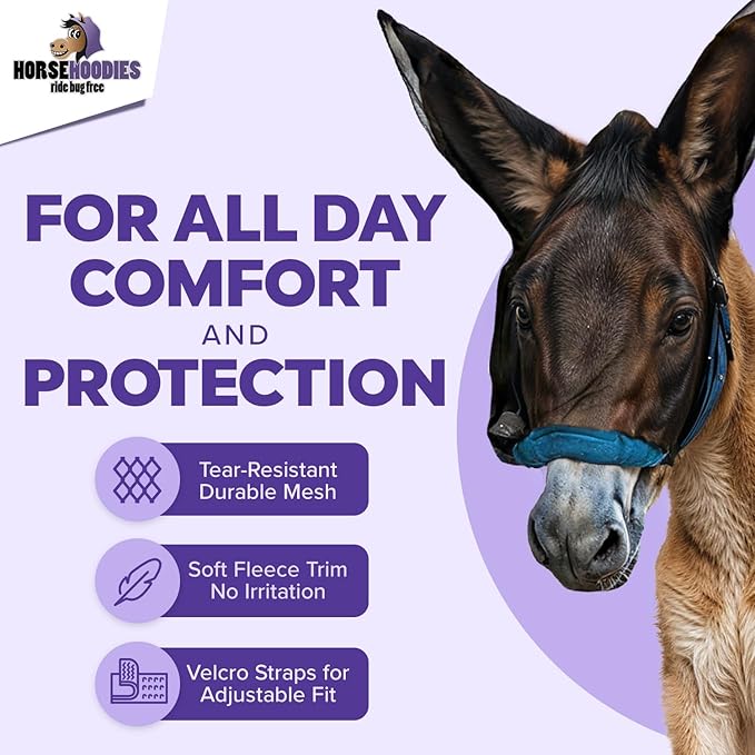 Donkey Fly Mask with Long Ears (Purple) Half Hoodie for Standard Donkey, Made in USA - Mule Fly Mask with Ears Protection from Insects and Bugs, Face Cover Soft Mesh Fabric with Adjustable Fastener