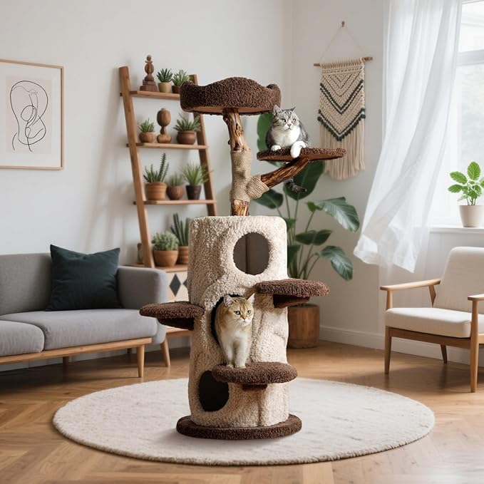 54.7'' Modern Cat Tree for Indoor Cats Large Adult, Wood Cat Tree with 3 Spacious Condos, Luxury Cat Tower with Cozy Perch, Scratching Post, Sturdy Kitty House Furniture for Small Medium Large Cats