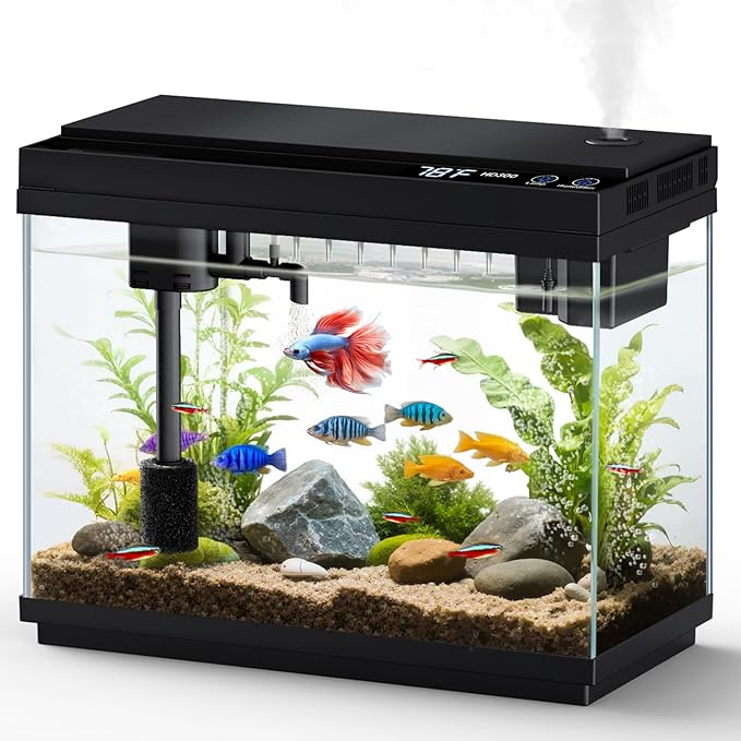 Fishkeeper 2.3G Smart Aquarium - Ultra Clear Glass Fish Tank w/Auto Timer 8-Color RGB Lights, 4-in-1 Self-Cleaning Silent Water Pump, Aromatherapy, Temperature Display, Perfect for Desktop Decor