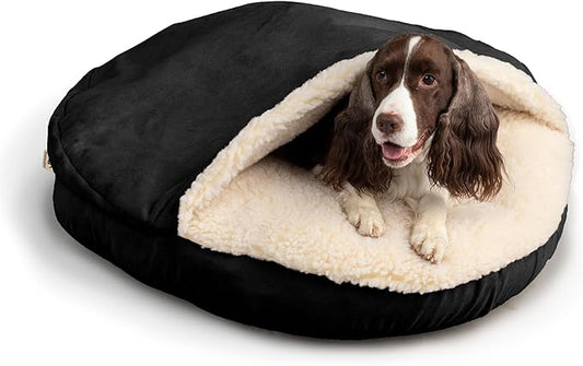 Snoozer Luxury Cozy Cave Dog Bed - Indoor Dog Bed with Cover Cave, Covered Calming Burrow for Small & Medium Sized Pets with Blanket Attached, Enclosed, Washable - Large, Black