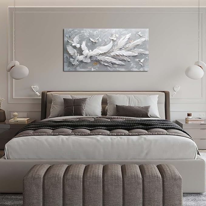 Quorin Feather Dove Bird Large Wall Art White and Gray Peaceful Birds Flying Pictures Holy Wings Wall Decor Canvas Print Painting Artwork for Bathroom Living Room Bedroom 30"x60"