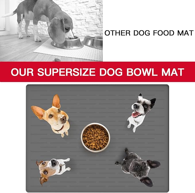 32" x 24" Large Pet Food Mat, Silicone Dog Mats for Food and Water, Nonslip Pet Feeding Mats for Floors,Dog Cat Bowl Mat with Raised Edges, Gray White