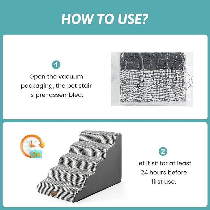 Extra Wide Dog Stairs 19.7" Width, Large Pet Step for Small Medium Dog, Puppy or Cat, Ramp for High Bed or Car, High Density Foam Ladder, Stable, 5 Step, 19.7x33x22.4 inch, White Black