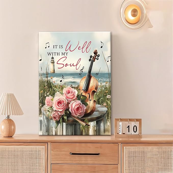 Violin Pictures Wall Art, Music Rustic Country Inspirational Bathroom Wall Decor, Coastal lighthouse Framed Painting Rose Aesthetics Canvas Artwork for Bedroom Living Room Decorations 24"L x 16"W