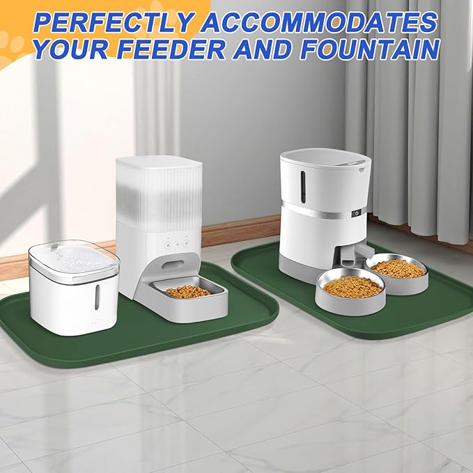 Silicone Pet Feeding Mat with Raised Edge for Food and Water, Dog Bowl Mats, Cat Bowls Placemat with High Lip for Floor Waterproof, Rubber Tray for Cats and Dogs 22 x 14 x0.8 Dark Olive