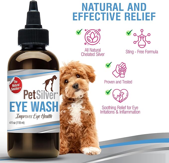 PetSilver Eye Drops for Dogs and Cats - Natural Dog Eye Wash - Relief for Inflammation & Irritation - Pet Eye Cleaner and Tear Stain Remover - Patented Silver Formula - Made in The USA - 4 fl oz