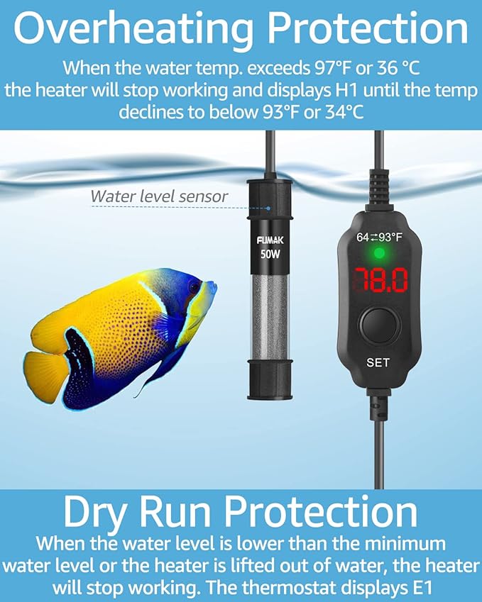 50W Adjustable Aquarium Heater Super Short Submersible Fish Tank Heater Fish Heater with LED Digital Display Thermostat, for Tanks 5-10 Gallons