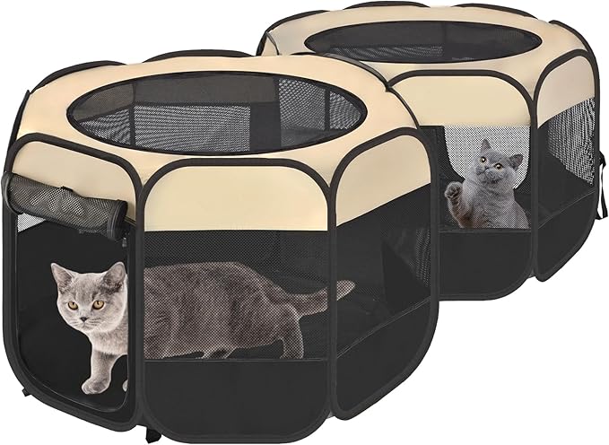 EighteenTek 2-in-1 Pop Up Cat Playpen, Assembly-Free Dog Puppy Pet Playpen, Indoor Outdoor Cats Enclosed, Cat Tent House Crate Cage, Portable & Foldable Playpen for Kittens(No Divider, Unified Space)