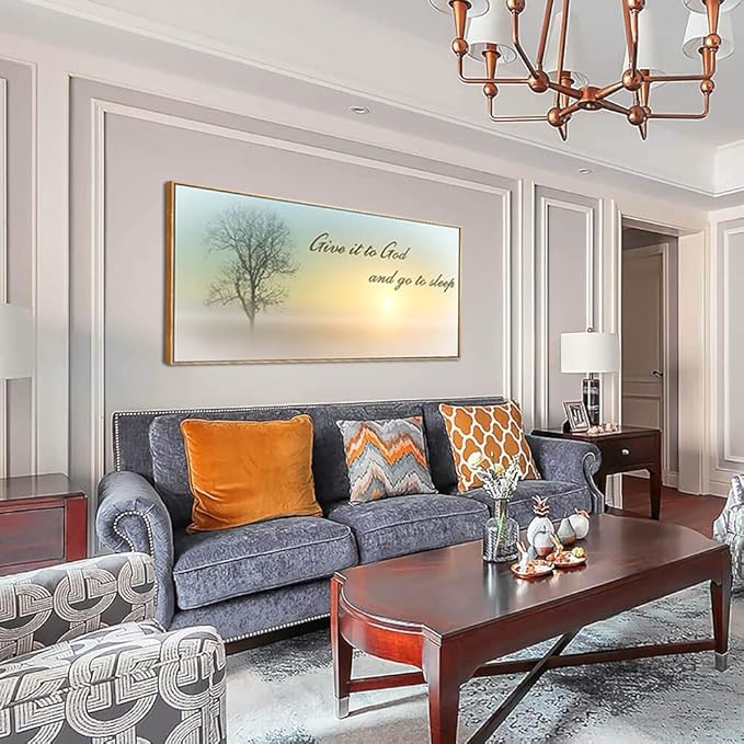 Lasdel Natural Extra Framed Canvas Wall Art of Misty Sunset & Tree Plant Picture For Bedroom Home Above Bed,White Country Wood Sign For Bathroom,Give It To God & Go to Sleep Artwork Decor,30x60