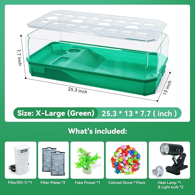 Aquatic Turtle Tank Habitat Kit Stone+Filter+Heat Lamp Enhancing Interaction with 360° Viewing, Standalone Filtration, DIY Creative Zone, Enriched Living (Green, X-Large[with Light])