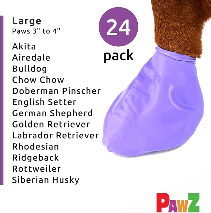 PawZ Rubber Dog Boots for Paws up to 4", 24 Total (2 Packs of 12) - All-Weather Dog Booties for Hot Pavement, Snow, Mud, and Rain - Waterproof, Anti Slip Dog Socks - Large, Purple