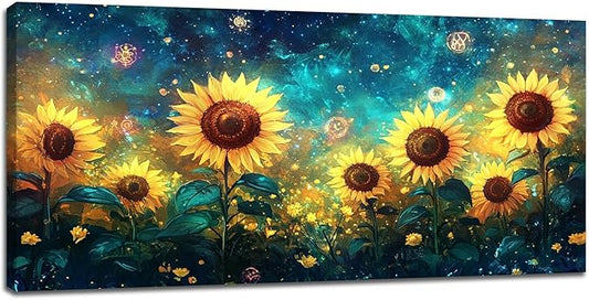 Quorin Sunflower Large Wall Art Starry Night Sky Pictures Sunflower Fields Wall Decor Canvas Print Painting Artwork for Bathroom Living Room Bedroom 30"x60"