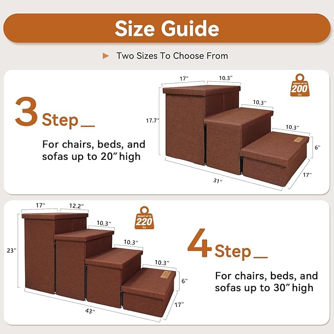Dog Stairs with Storage 18" H, 3-Step Wider Dog Steps for Small/Medium/Large Old Dogs Cats, Folding Sturdy Pet Stairs Climbing Bed Couch, Ramp for Car Hold Up to 200 lbs (Brown, No Condo)