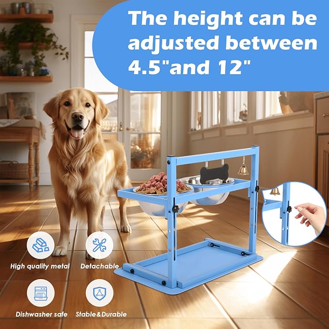 SHAINFUN Blue Raised Dog Bowl Stand with Two 1700ml Stainless Steel Food Bowl, a Slow Feeder and Spill Proof Mat, Adjustable Elevated Dog Bowls for Large Medium and Small Breeds