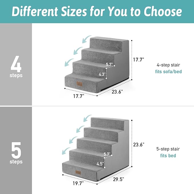Dog Stairs for Small Dogs, 5 Tier Wider Pet Stairs for High Beds, 23.6" H Non-Slip Dog Steps for Old Cats, Puppies, Small Medium Dogs, 29.5x19.7x23.6 inch, Grey