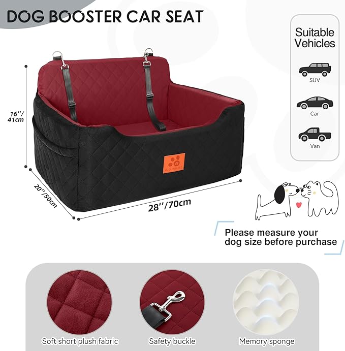 Dog Car Seat for Medium/Large Dogs, Dog Booster Seat for Pet Under 50lbs or 2 Small Dogs, Detachable and Washable Pet Car Bed, Multi-Functional Pet Booster Seat for Backseat(Black/Red)