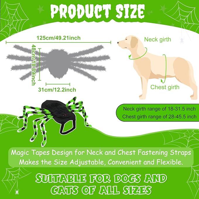 Dog Halloween Costume Large Breed, Furry Dog Spider Costume with 64 LED, Funny Halloween Dogs Costumes for Large Dogs Medium Pet Halloween Party Cosplay (Green)