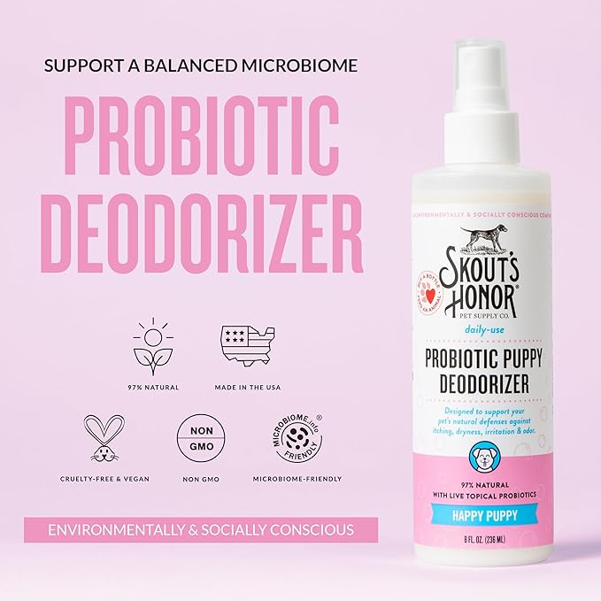 SKOUT'S HONOR Probiotic Deodorizer Spray for Pets- Hydrating Daily-Use with Avocado Oil & Omega-3s, Microbiome Friendly Certiified, Paraben & Sulfate-Free, 97% Natural, 8oz, Happy Puppy