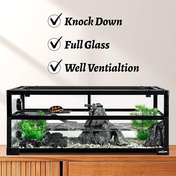 REPTIZOO 18 Gallon Turtle Tank Aquarium, 30"×12"×12" Tortoise Habitat Water-Land Ecological Turtle Tank with Drainage System Aquatic Aquarium