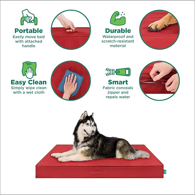FurHaven Cooling Dog Bed – Large Foam Mattress for Joint Pain Relief, Waterproof Liner, Removable Washable Cover, Durable for Outdoor Use, Deluxe Grid Indoor/Outdoor Bed – Red, Large
