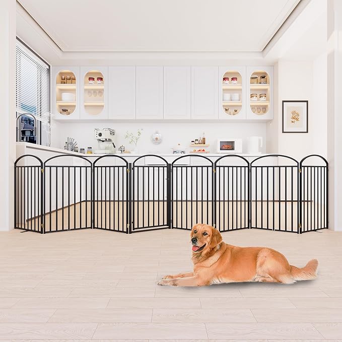 8 Panles Full Matel Freestanding Dog Gates with Door, 192"Extra Wide 36"Tall Free Standing Dog Pet Gate for Indoor & Outdoor. Foldable Pet Fences for Doorways, House, Stairs, Porch, Deck, Yard