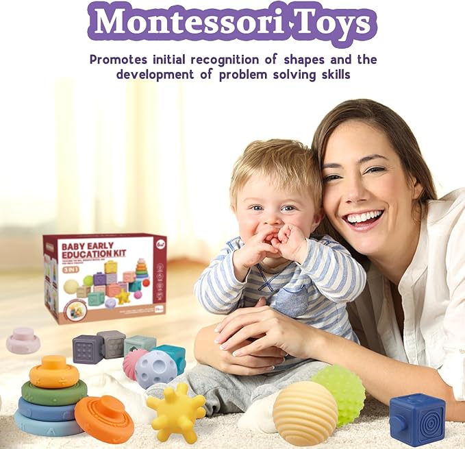 Montessori Toys for Babies,Soft Stacking Building Blocks Rings Balls Sets,3 in 1 Baby Toy Bundle,Sensory Toy for 6-12 Months, Soft Teething Toys for Babies,Baby Gifts for Boy Girl