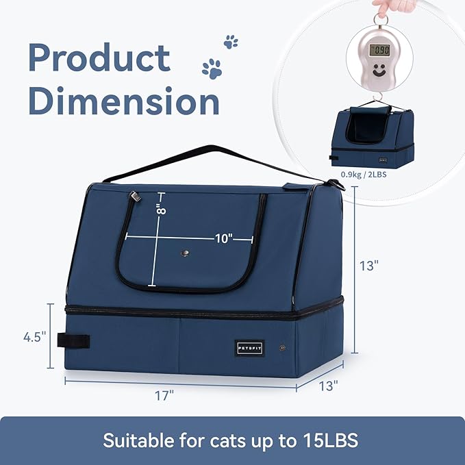 PETSFIT Travel Litter Box for Cats - Removable 2-Layer Leak-Proof Lining, Scratch-Resistant Fabric with Sturdy Support Frame, Cat Collapsible & Travel Litter Box Navy Blue