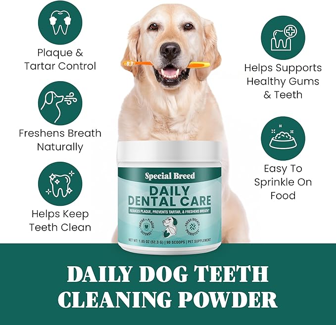 Dog Teeth Cleaning Powder – Natural Dog Dental Powder for Tartar Control, Fresh Breath & Gum Health – Daily Plaque Remover with Zeolite, Brown Algae, Probiotics & Rosemary – 90 Scoops