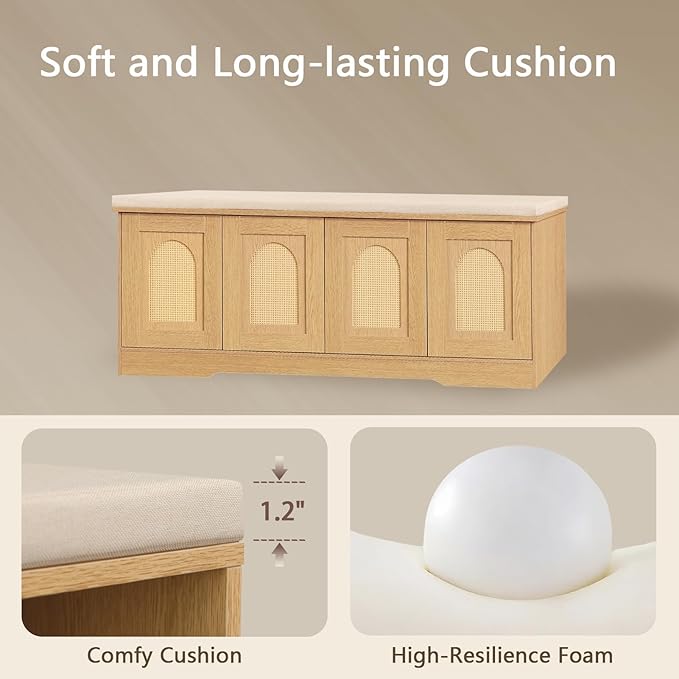 DINZI LVJ Shoe Bench, Entryway Storage Bench with Doors, Cushion, 2-Tier Shoe Rack with 8-Cubby, 47.2”L x 13.8”W Shoe Organizer Cabinet, Adjustable Shelf, Living Room, Bedroom, Natural with Rattan