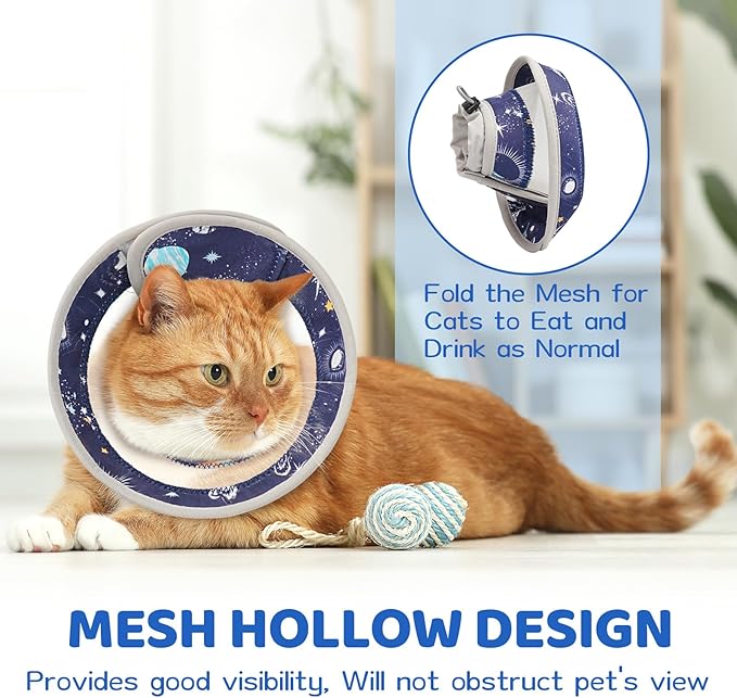 Breathable Air Mesh Cat Cone Collar Soft to Stop Licking, Adjustable, Foldable Lightweight Kitten Cones After Surgery Recovery for Cats & Kittens (Star Blue, L)