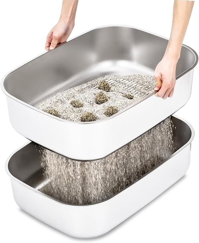 Stainless Steel Sifting Litter Box with Lid, Metal Litter Pan with Scoop for Big Cats Multi Cat, Extra Large Cats Litterbox Odor Control, Easy Clean (23*16.5*16.5inch-with Enclosure, X-Large)