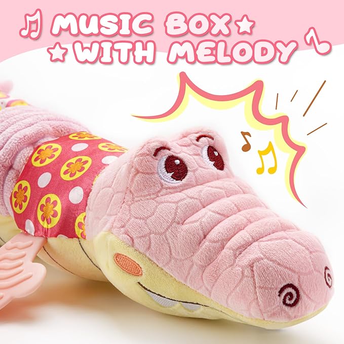 Baby Toys 0 to 12 Months, Musical Stuffed Animal Activity Soft Toys with Multi-Sensory Crinkle, Rattle and Textures,Infant Tummy Time Toys for Newborn Boys Girls, Crocodile, Pink