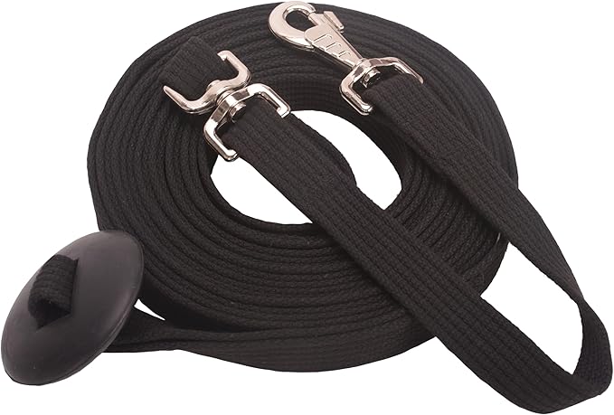 Cord Cotton Lunge Line with Rubber Stop，Equine Lunge Line for Horses with Swivel Bolt Snap，24 ft (Black, 24ft)